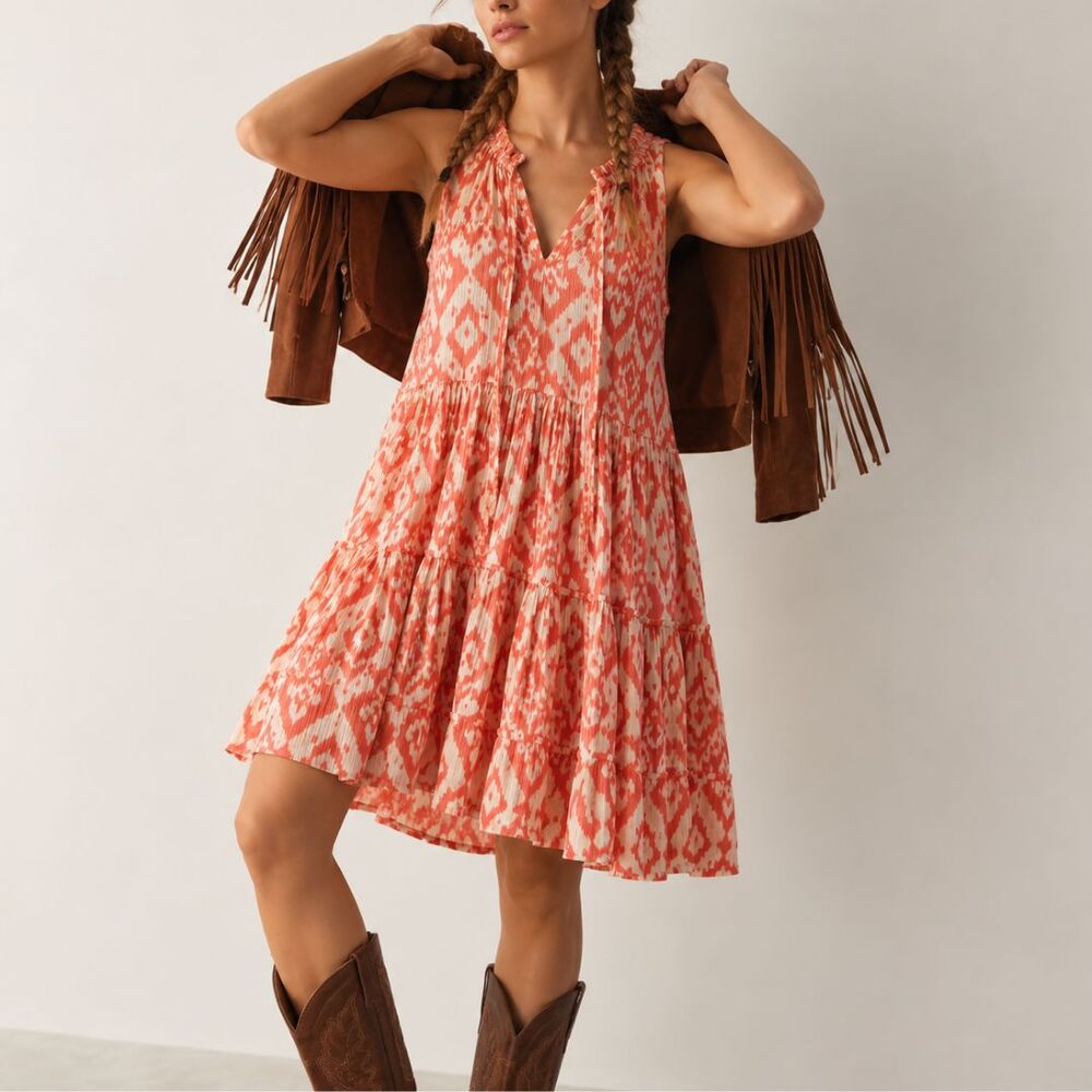 BB Dakota Dress Womens S Coral Ikat Print Tiered Mini Boho Western Sleeveless